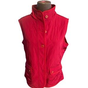 Talbots Womens Red Quilted Vest Fleece Lined M Mock Neck Logo Buttons